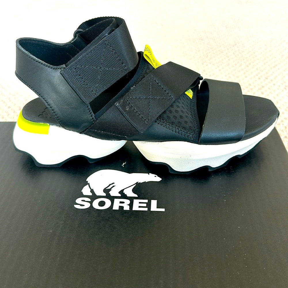 Size 7 Sorel Kinetic Impact Sandal Black and neon lime